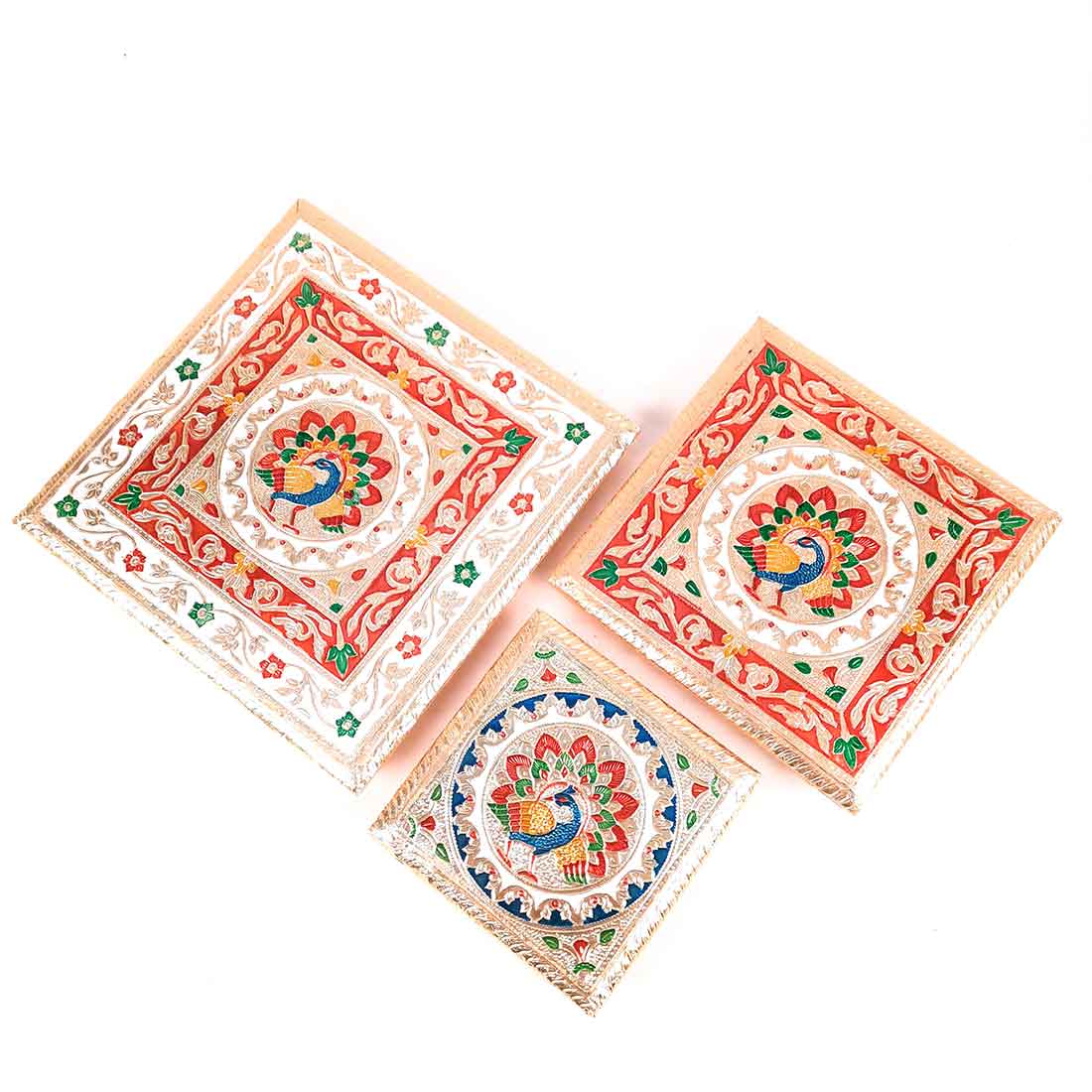 Pooja Chowki Bajot - Minakari Chowki Set - Set of 3 (6, Inch , 8 Inch, 10 Inch) - ApkaMart #Style_Design 2