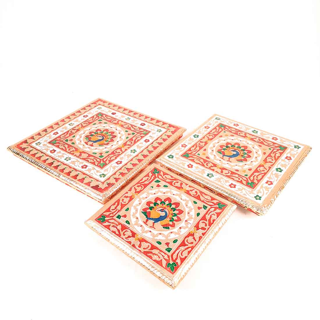 Minakari Pooja Chowki - Wooden Bajot - For Pooja & Festivals - Set of 3 - ApkaMart #Style_Design 2