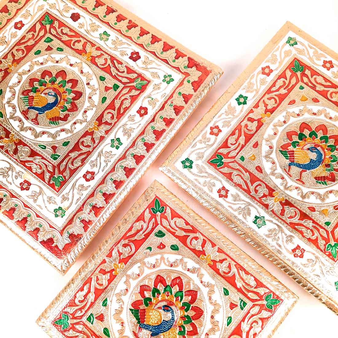 Minakari Pooja Chowki - Wooden Bajot - For Pooja & Festivals - Set of 3 - ApkaMart #Style_Design 2