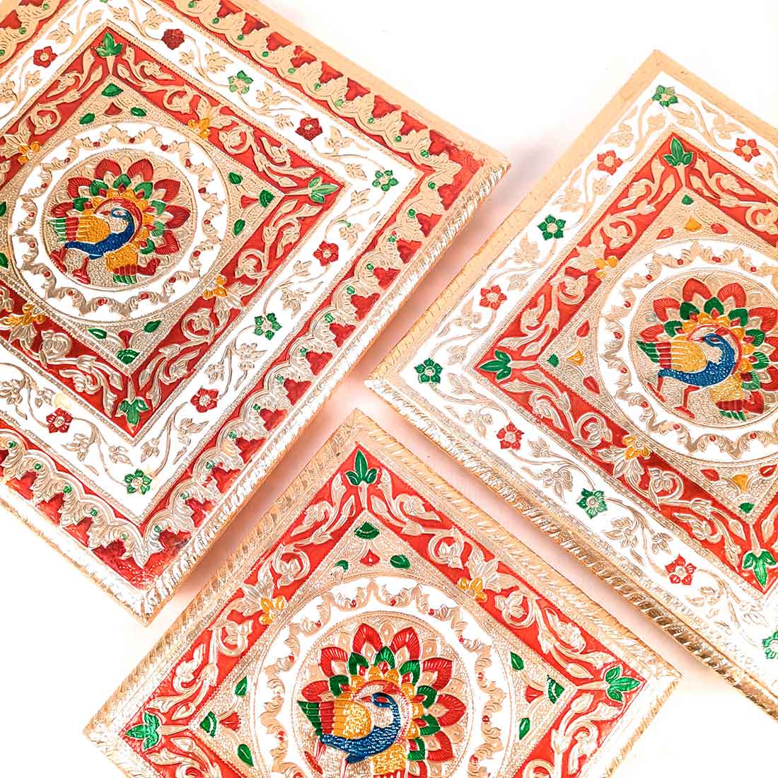 Minakari Pooja Chowki - Wooden Bajot - For Pooja & Festivals - Set of 3 - ApkaMart #Style_Design 2