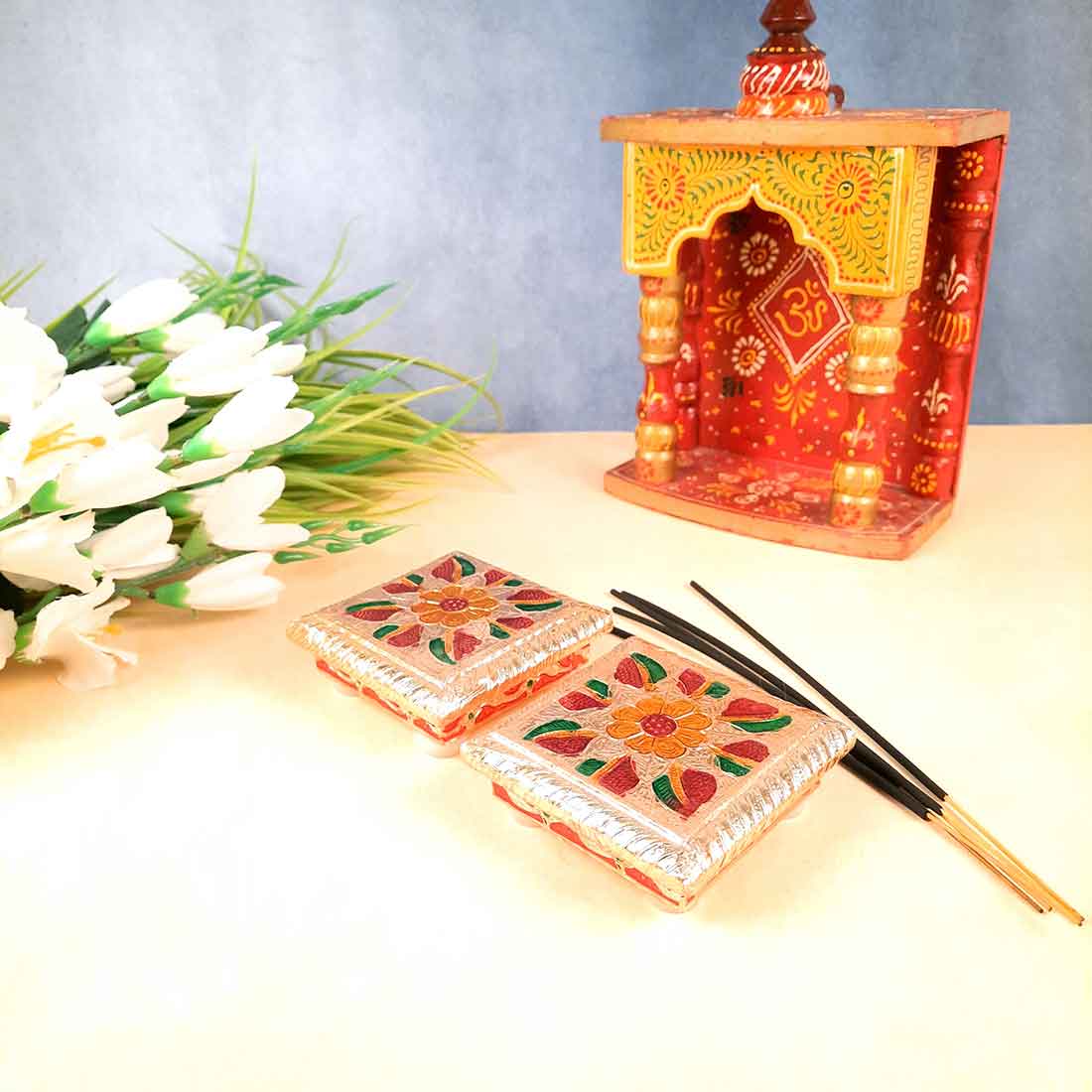 Pooja Chowki Bajot | Minakari Chauki Set - For Pooja, Festivals & Return Gifts (Pack of 2) 4 Inch - Apkamart #Style_Design 1
