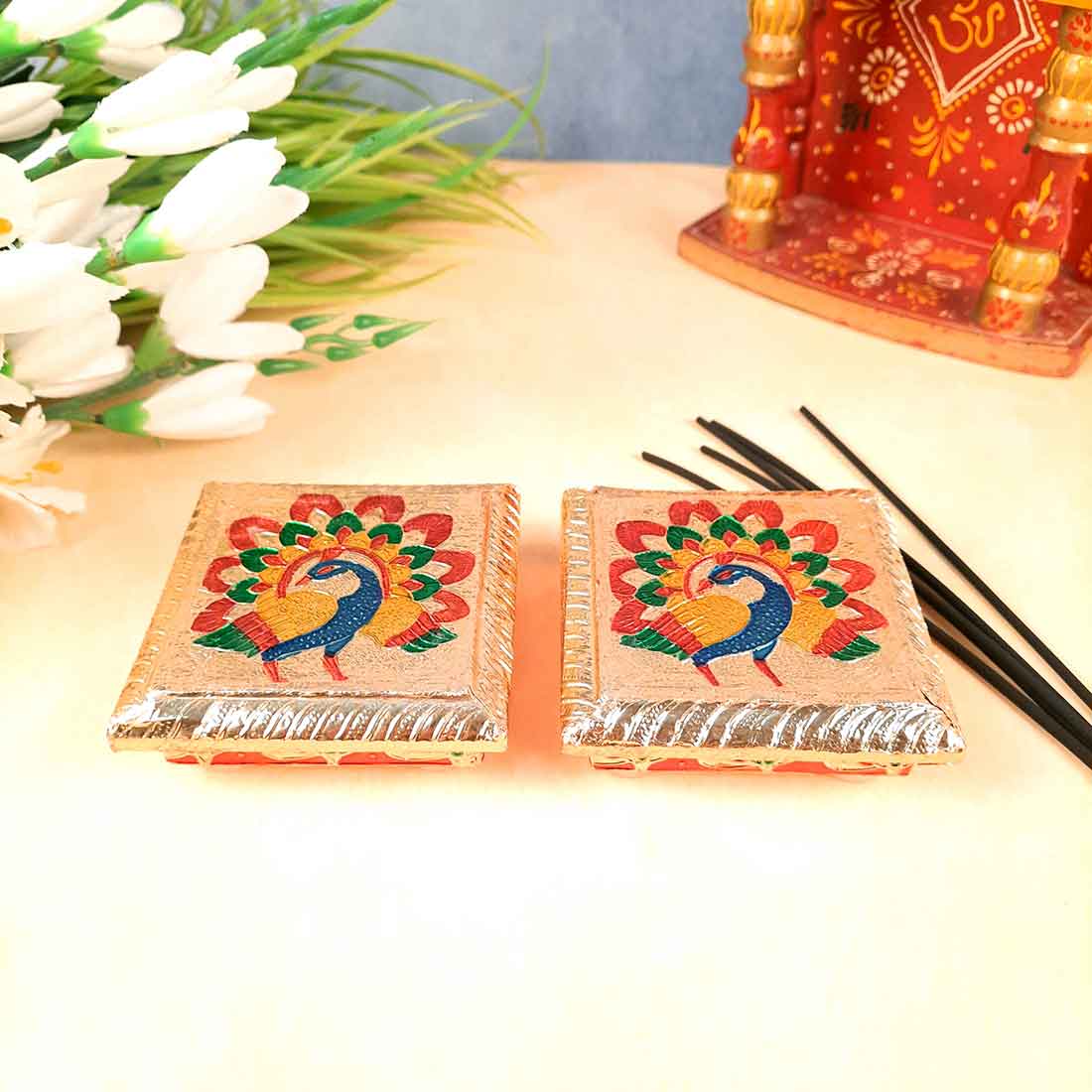 Pooja Chowki Bajot | Minakari Chauki Set - For Pooja, Festivals & Return Gifts (Pack of 2) 4 Inch - Apkamart #Style_Design 2