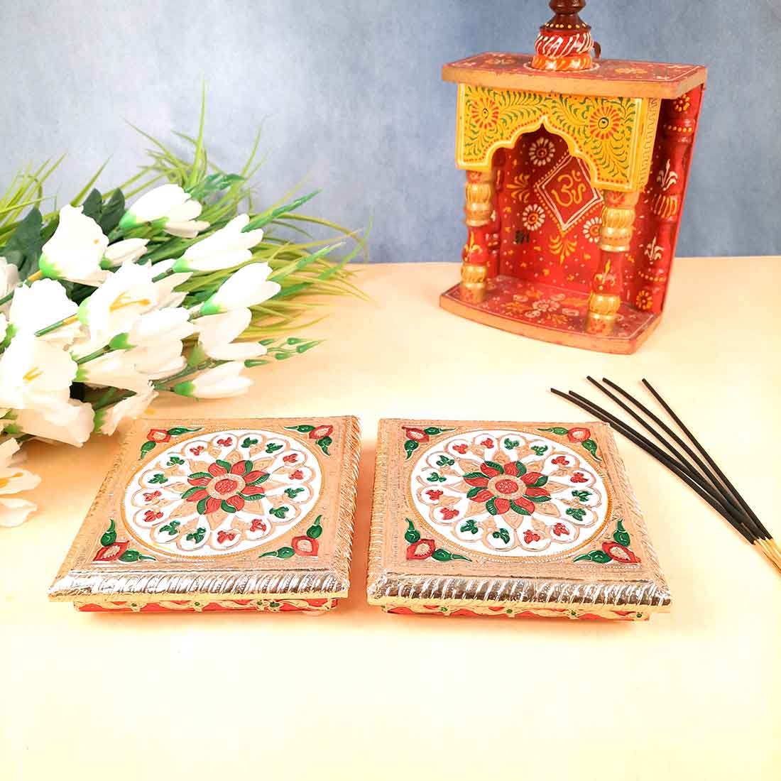 Pooja Chowki Bajot | Minakari Chauki Set - For Pooja, Festivals & Return Gifts (Pack of 2) 6 Inch - Apkamart #Style_Design 1