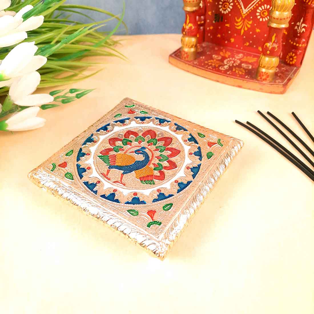 Pooja Chowki Bajot | Wooden Chowki Set - For Pooja, Festivals, Temple & Home Décor - 6, 10 Inch - Apkamart