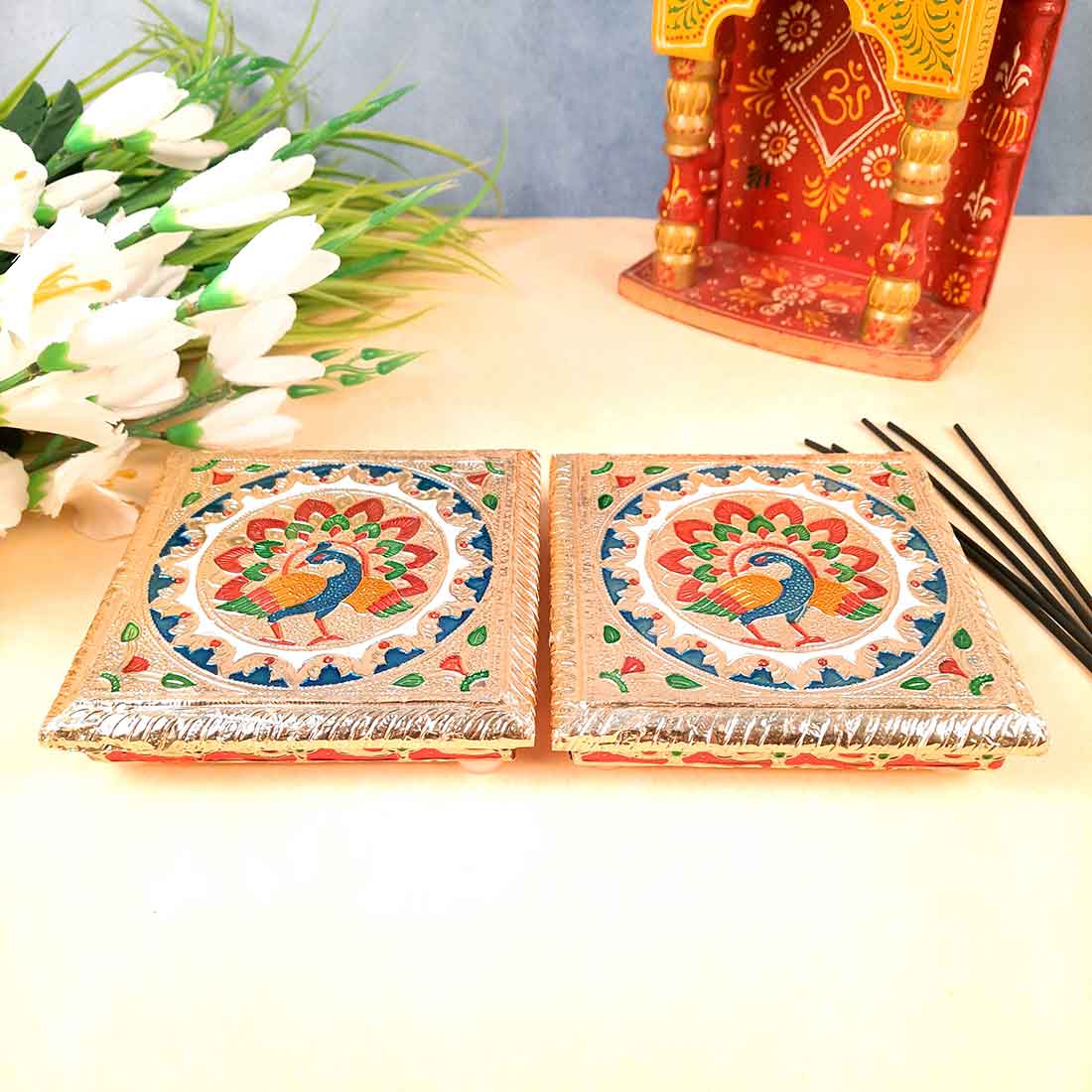 Pooja Chowki Bajot | Minakari Chauki Set - For Pooja, Festivals & Return Gifts (Pack of 2) 6 Inch - Apkamart #Style_Design 2