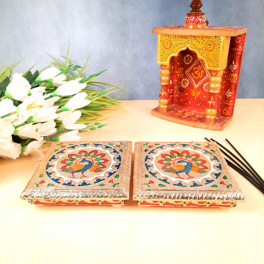 Pooja Chowki Bajot | Minakari Chauki Set - For Pooja, Festivals & Return Gifts (Pack of 2) 6 Inch - Apkamart #Style_Design 2