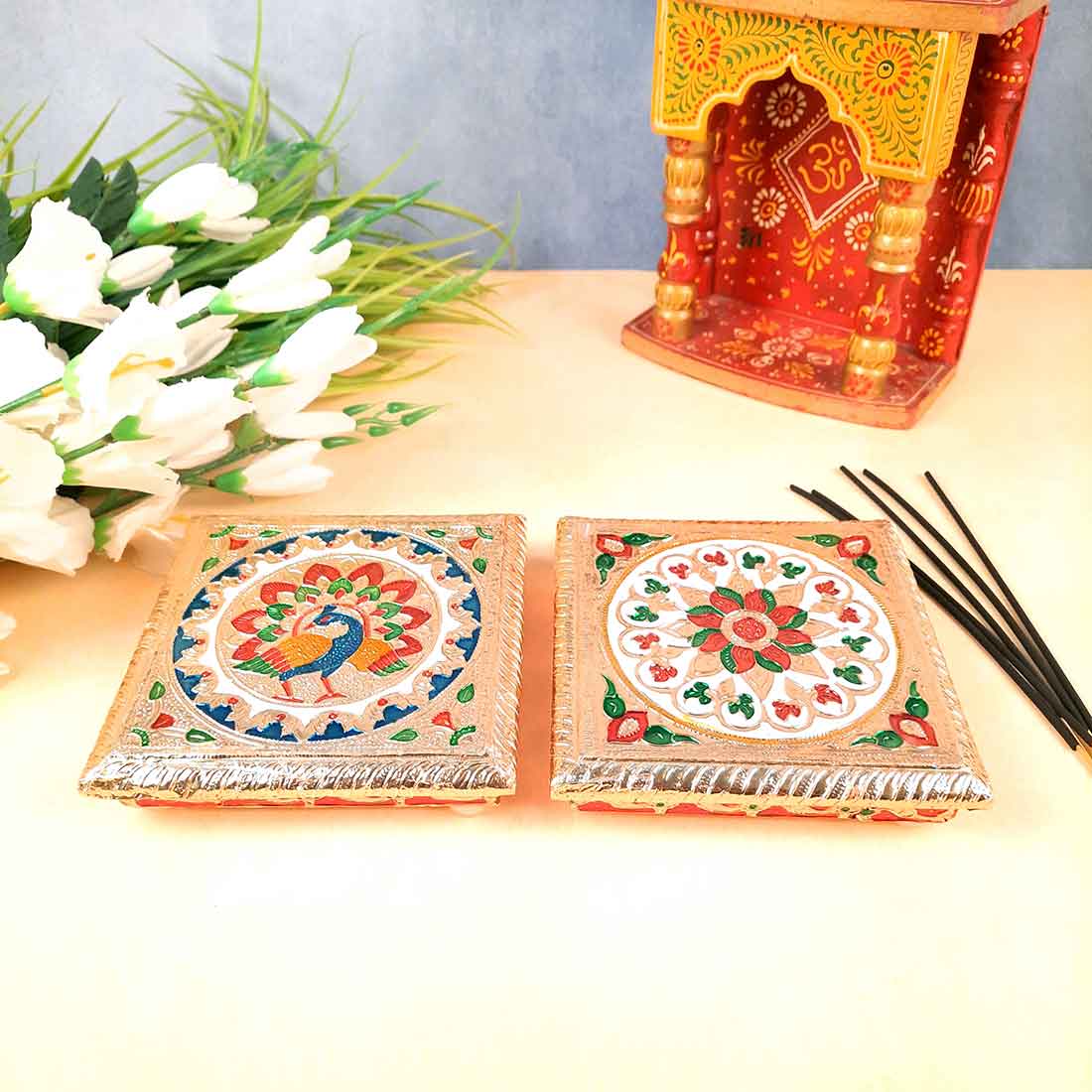 Pooja Chowki Bajot | Wooden Choki Set - For Diwali Pooja, Festivals & Home Decor - 6 Inch - Apkamart #Size_6 Inch