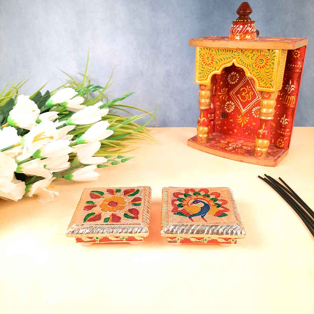 Pooja Chowki Bajot | Wooden Choki Set - For Diwali Pooja, Festivals & Home Decor - 6 Inch - Apkamart #Size_4 Inch