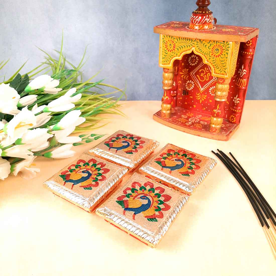 Pooja Chowki Bajot | Minakari Chauki Set - For Pooja, Festivals & Return Gifts - 4 Inch (Pack of 4) -Apkamart #Style_Design 2