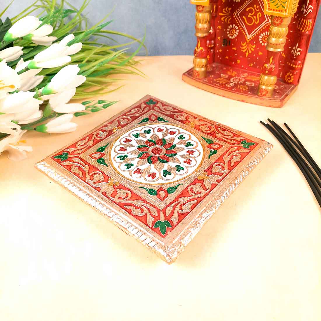 Pooja Chowki Bajot | Wooden Chowki Set - For Pooja, Festivals, Temple & Home Décor - 8, 10 Inch (Pack of 2) - Apkamart