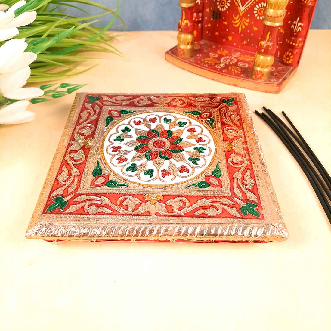 Minakari Puja Chowki - Set of 2 Bajot - 6 Inch & 8 Inch - ApkaMart #Style_Design 2