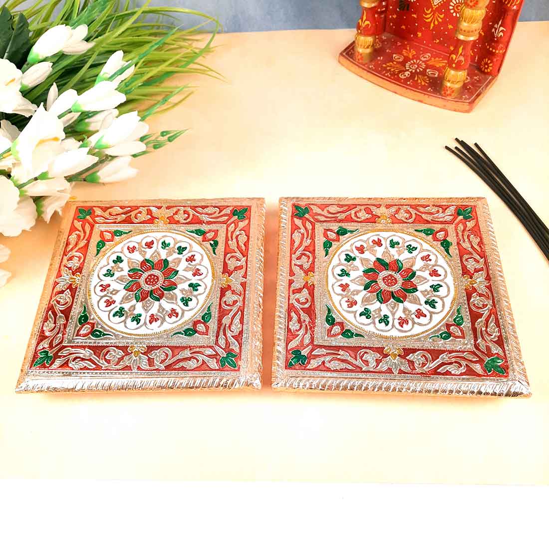 Pooja Chowki Bajot | Minakari Chauki Set - For Pooja, Weddings & Festivals (Pack of 2) - 8 Inch - Apkamart #Style_Design 1