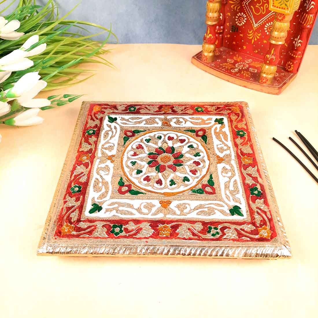 Minakari Pooja Chowki Bajot - For Puja Decoration & Gifts -10 Inch - ApkaMart #Style_Design 2