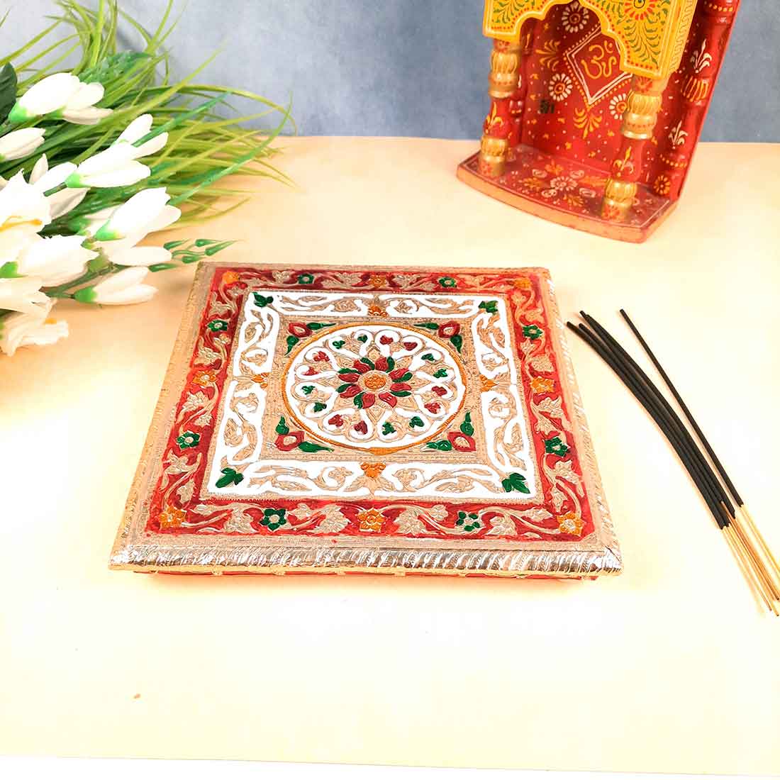 Pooja Chowki Bajot | Minakari Chauki Set - For Pooja, Weddings & Festivals (Pack of 2) 10 Inch - Apkamart #Style_Design 1