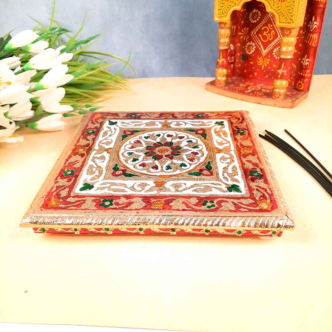 Minakari Pooja Chowki Bajot - For Puja Decoration & Gifts -10 Inch - ApkaMart #Style_Design 2