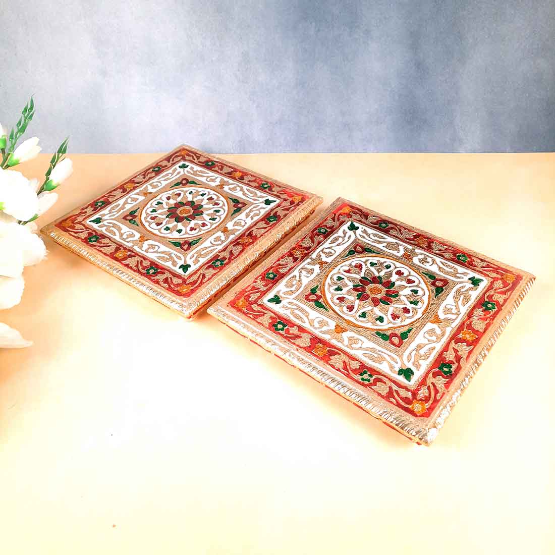 Pooja Chowki Bajot | Minakari Chauki Set - For Pooja, Weddings & Festivals (Pack of 2) 10 Inch - Apkamart #Style_Design 1