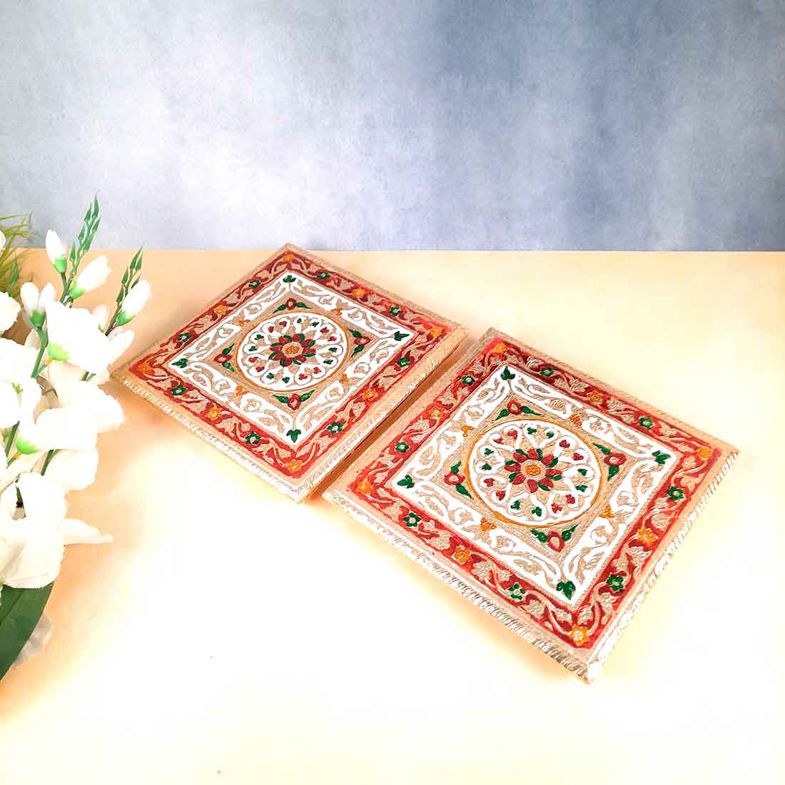 Pooja Chowki Bajot | Minakari Chauki Set - For Pooja, Weddings & Festivals (Pack of 2) 10 Inch - Apkamart #Style_Design 1