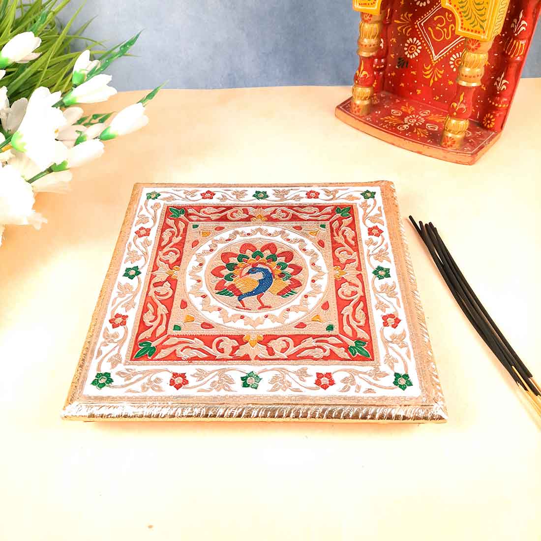 Pooja Chowki Bajot | Minakari Chauki Set - For Pooja, Weddings & Festivals (Pack of 2) 10 Inch - Apkamart #Style_Design 2