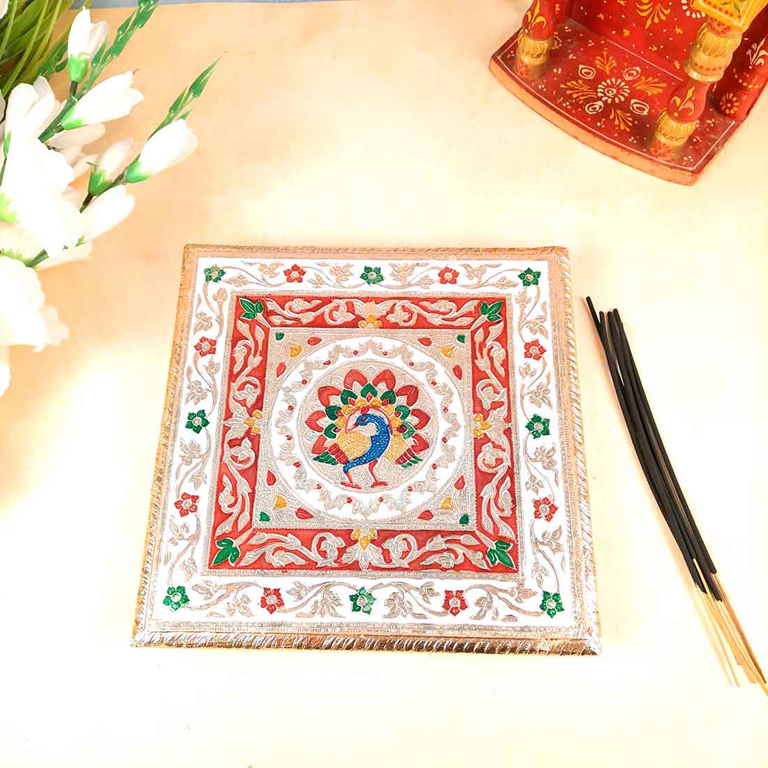 Minakari Bajot | Pooja Chowki - Peacock Design - 10 Inch - ApkaMart #Style_Design 2