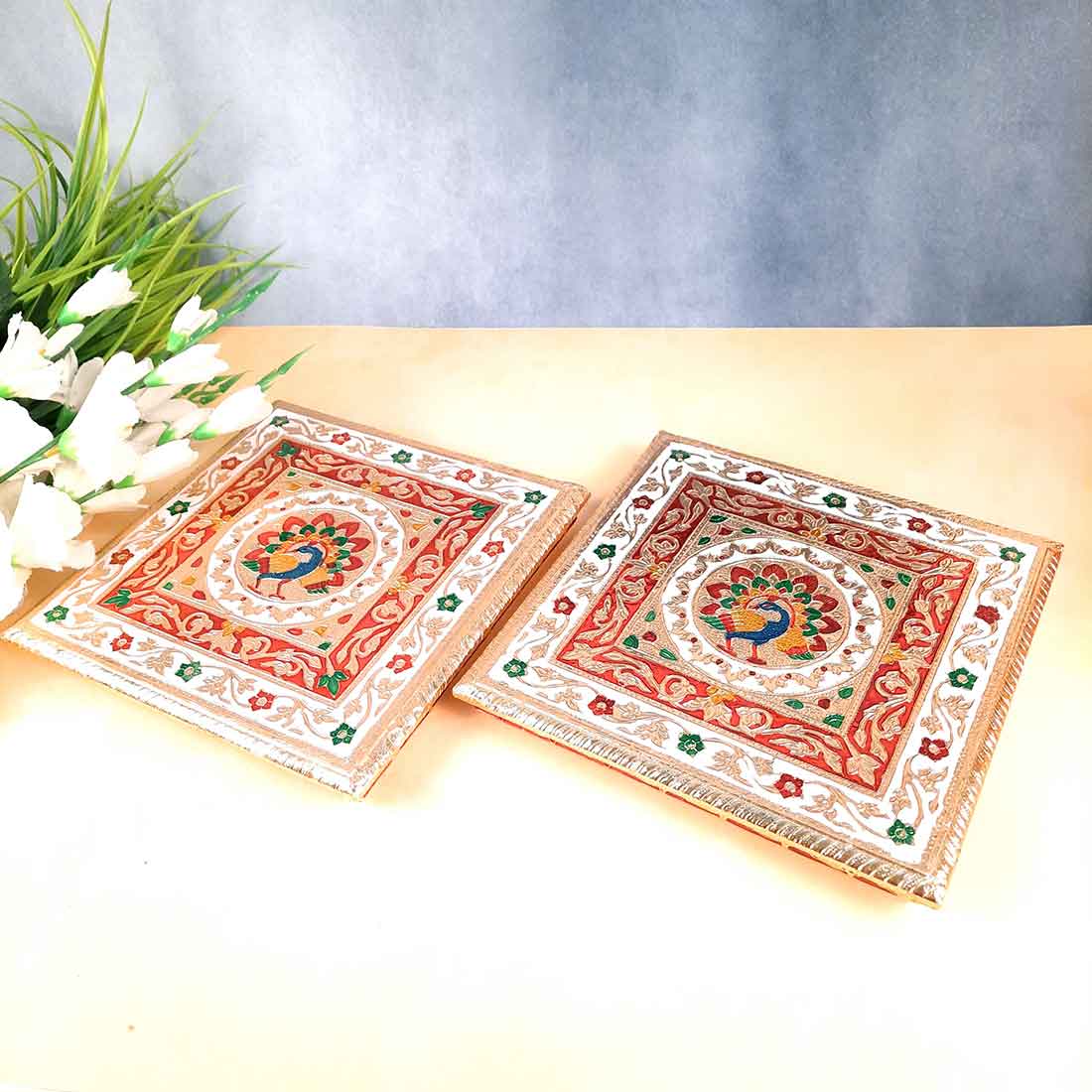 Pooja Chowki Bajot | Minakari Chauki Set - For Pooja, Weddings & Festivals (Pack of 2) 10 Inch - Apkamart #Style_Design 2