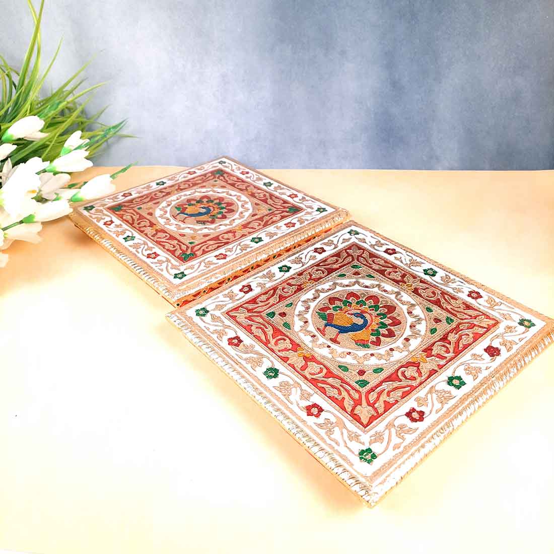 Pooja Chowki Bajot | Minakari Chauki Set - For Pooja, Weddings & Festivals (Pack of 2) 10 Inch - Apkamart #Style_Design 2