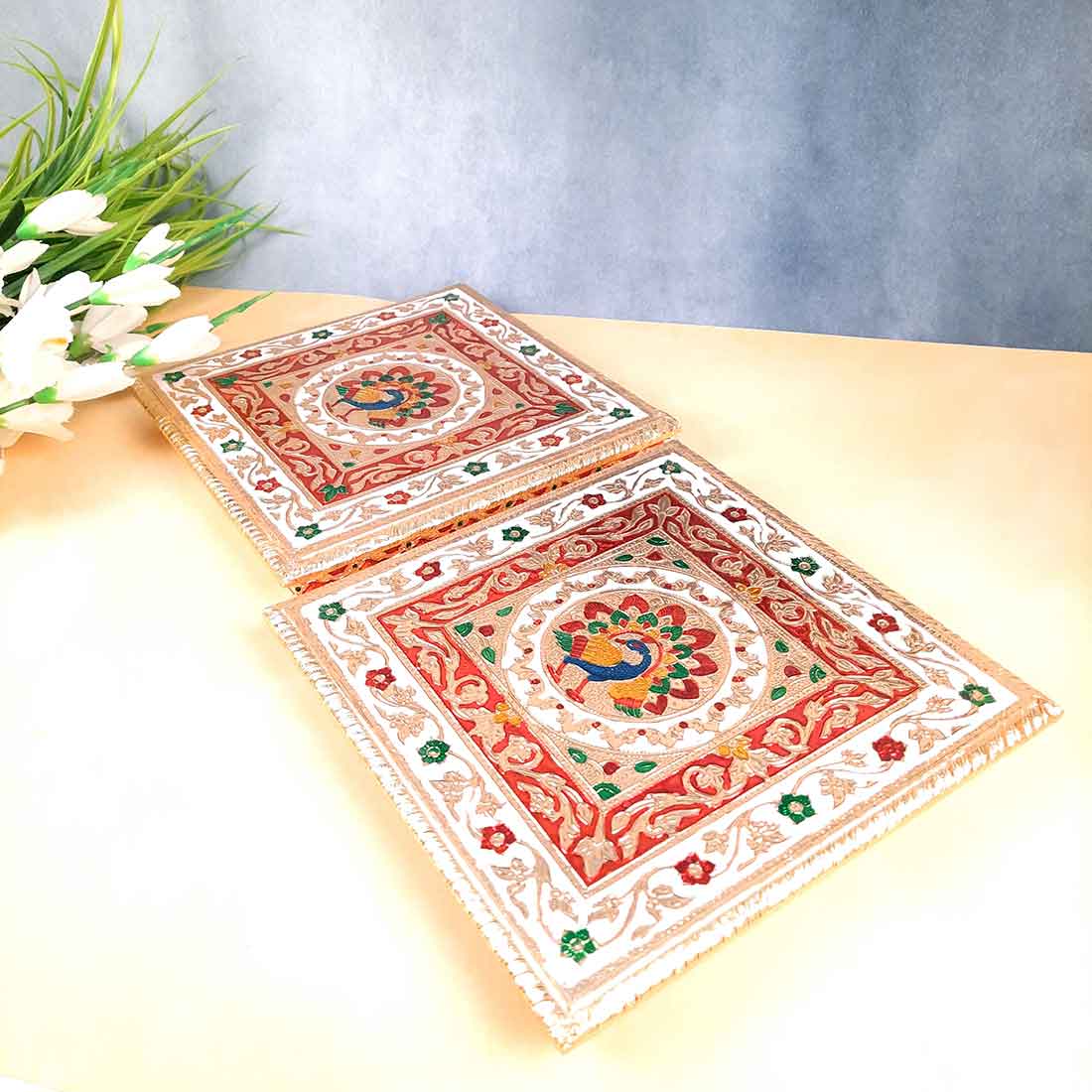 Pooja Chowki Bajot | Minakari Chauki Set - For Pooja, Weddings & Festivals (Pack of 2) 10 Inch - Apkamart #Style_Design 2