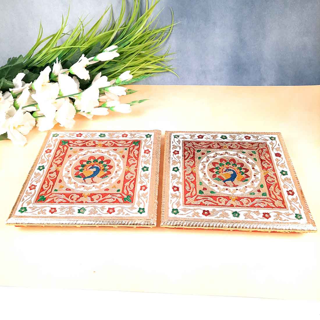 Pooja Chowki Bajot | Minakari Chauki Set - For Pooja, Weddings & Festivals (Pack of 2) 10 Inch - Apkamart #Style_Design 2