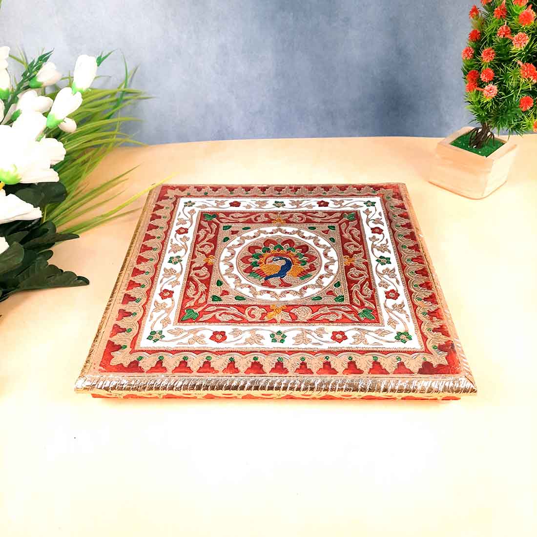 Minakari Chowki Bajot - Peacock Design - For Pooja & Mandir Decoration - 12 Inch - ApkaMart #Style_Design 2