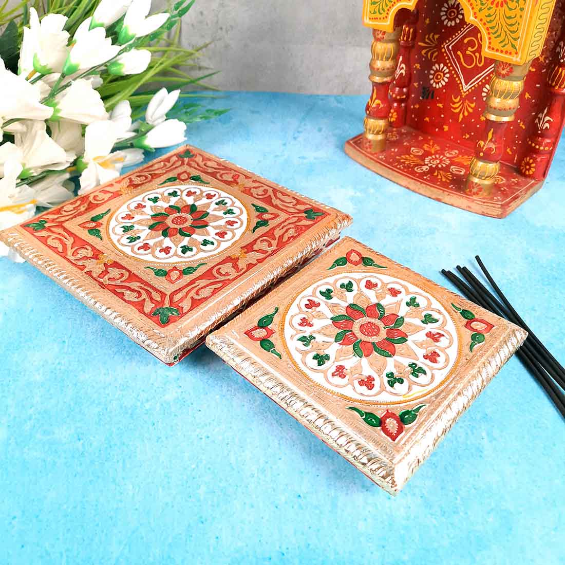Minakari Puja Chowki - Set of 2 Bajot - 6 Inch & 8 Inch - ApkaMart #Style_Design 2
