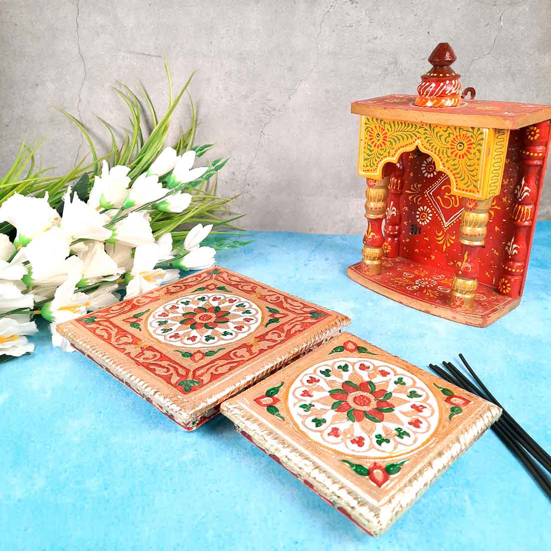 Minakari Puja Chowki - Set of 2 Bajot - 6 Inch & 8 Inch - ApkaMart #Style_Design 2