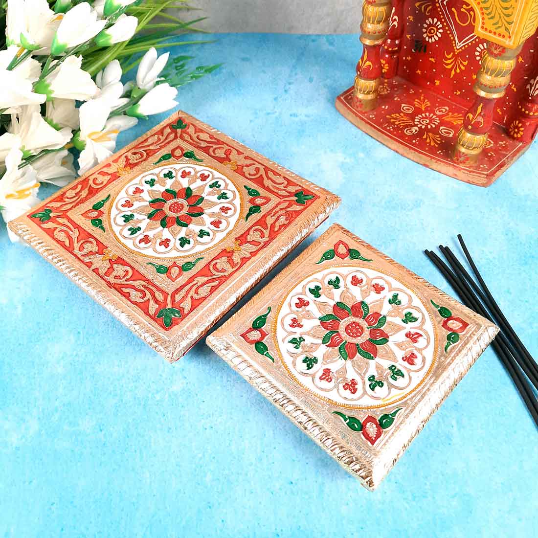 Minakari Puja Chowki - Set of 2 Bajot - 6 Inch & 8 Inch - ApkaMart #Style_Design 2
