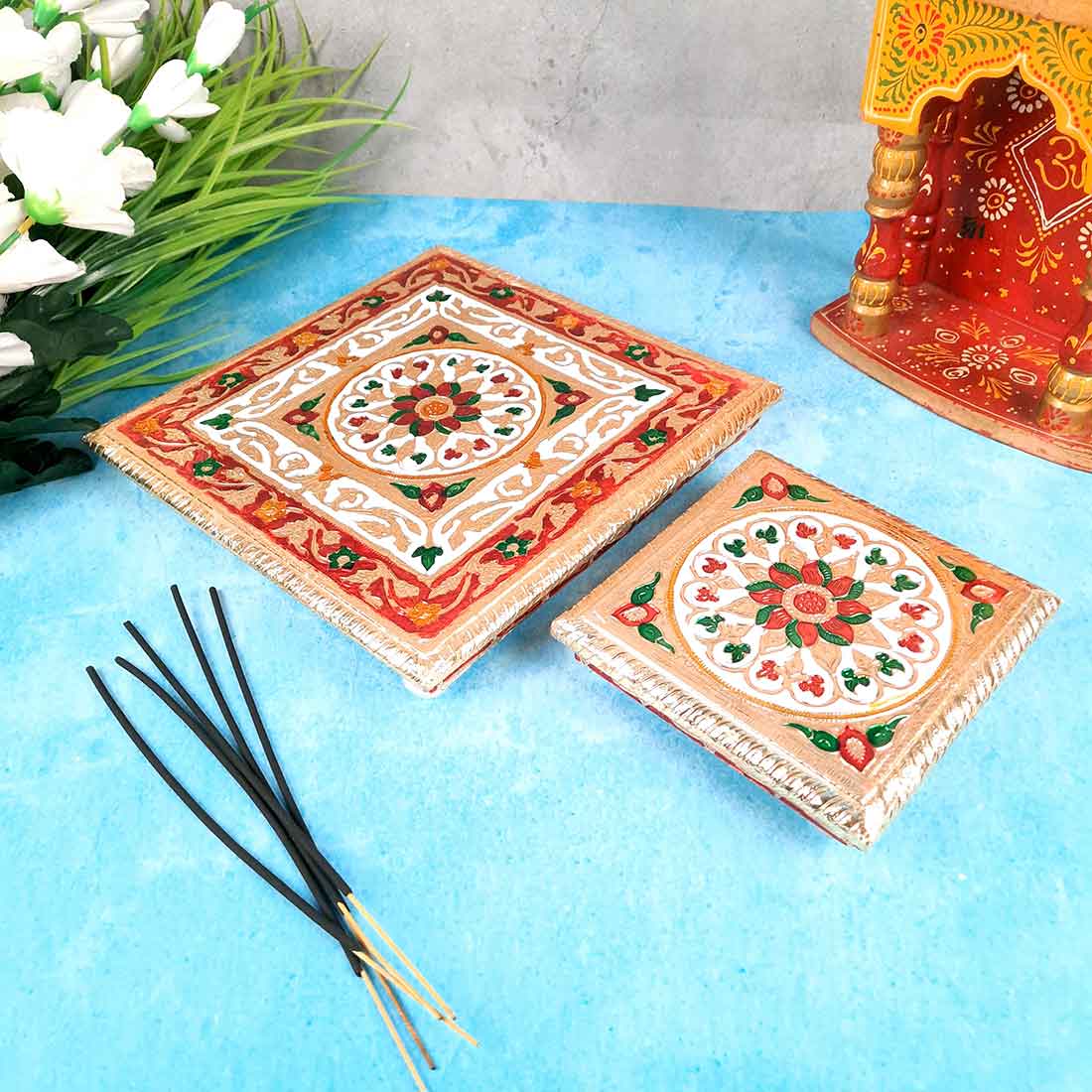 Minakari Chowki or Bajot - Set of 2 - 6 Inch & 10 Inch - ApkaMart #Style_Design 2