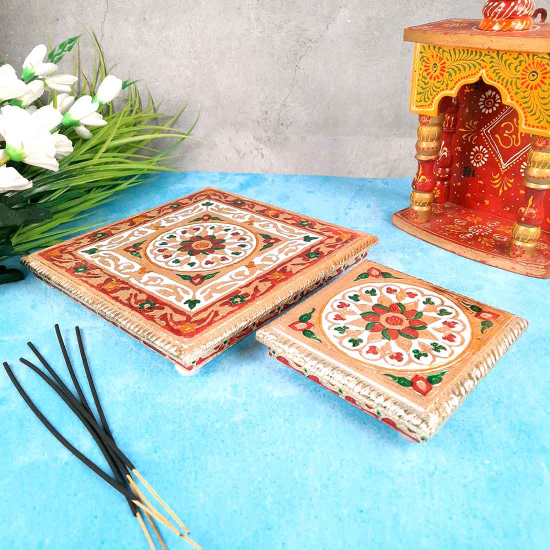 Minakari Chowki or Bajot - Set of 2 - 6 Inch & 10 Inch - ApkaMart #Style_Design 2