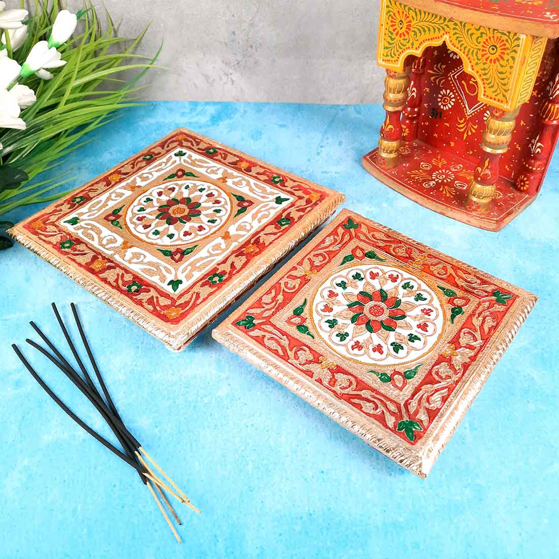 Pooja Chowki Bajot | Wooden Chowki Set - For Pooja, Festivals, Temple & Home Décor - 8, 10 Inch (Pack of 2) - Apkamart