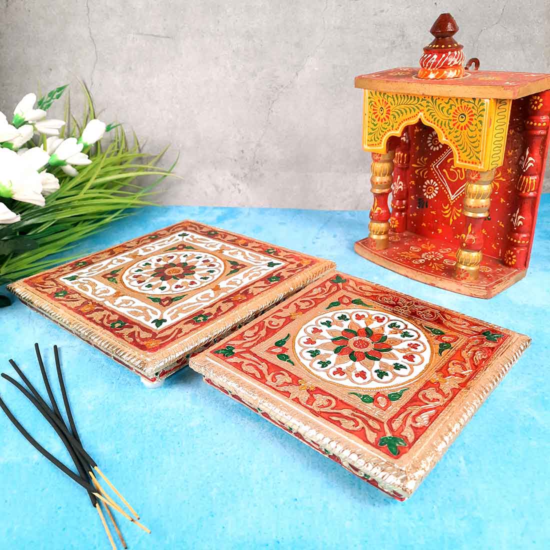 Pooja Chowki Bajot | Wooden Chowki Set - For Pooja, Festivals, Temple & Home Décor - 8, 10 Inch (Pack of 2) - Apkamart