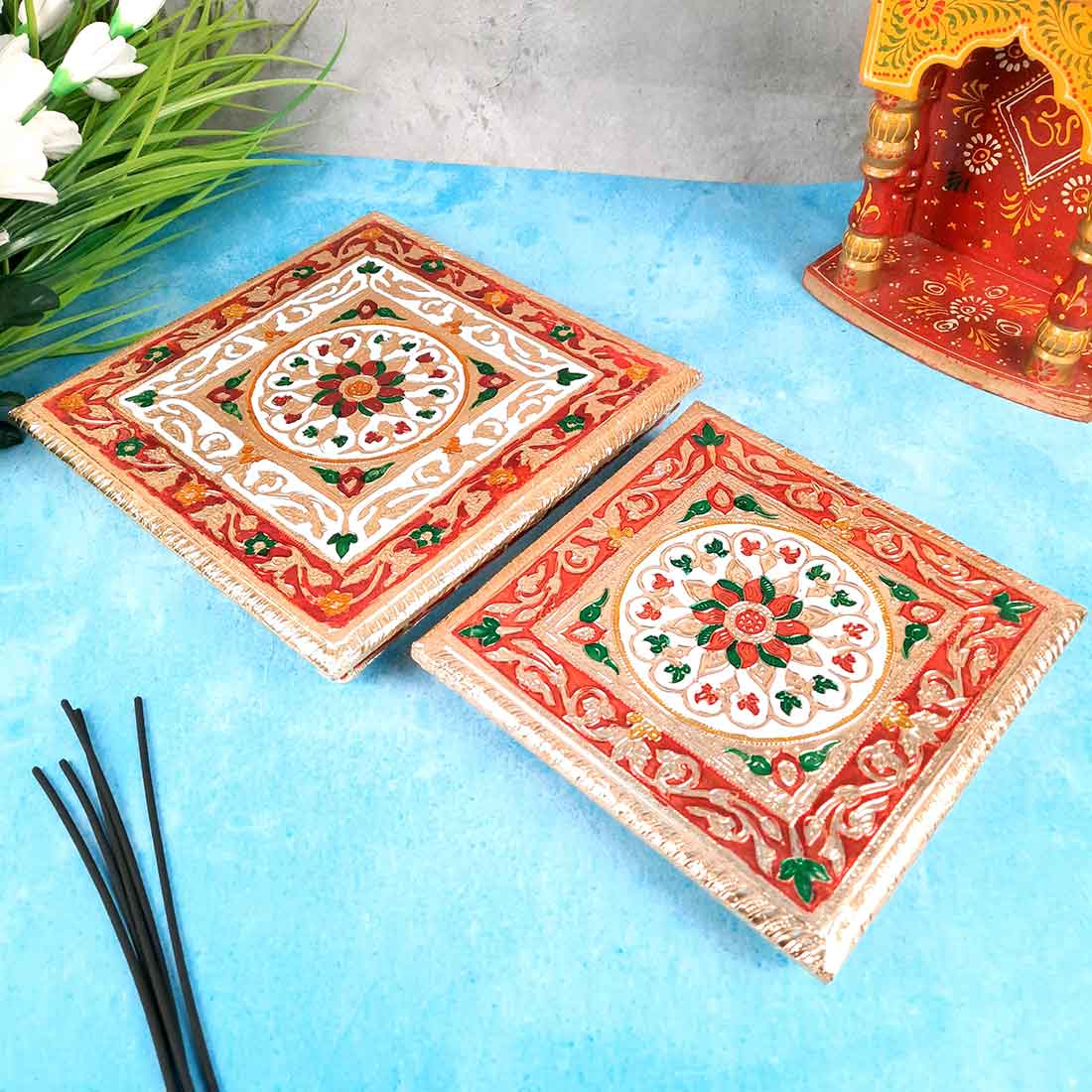 Pooja Chowki Bajot | Wooden Chowki Set - For Pooja, Festivals, Temple & Home Décor - 8, 10 Inch (Pack of 2) - Apkamart