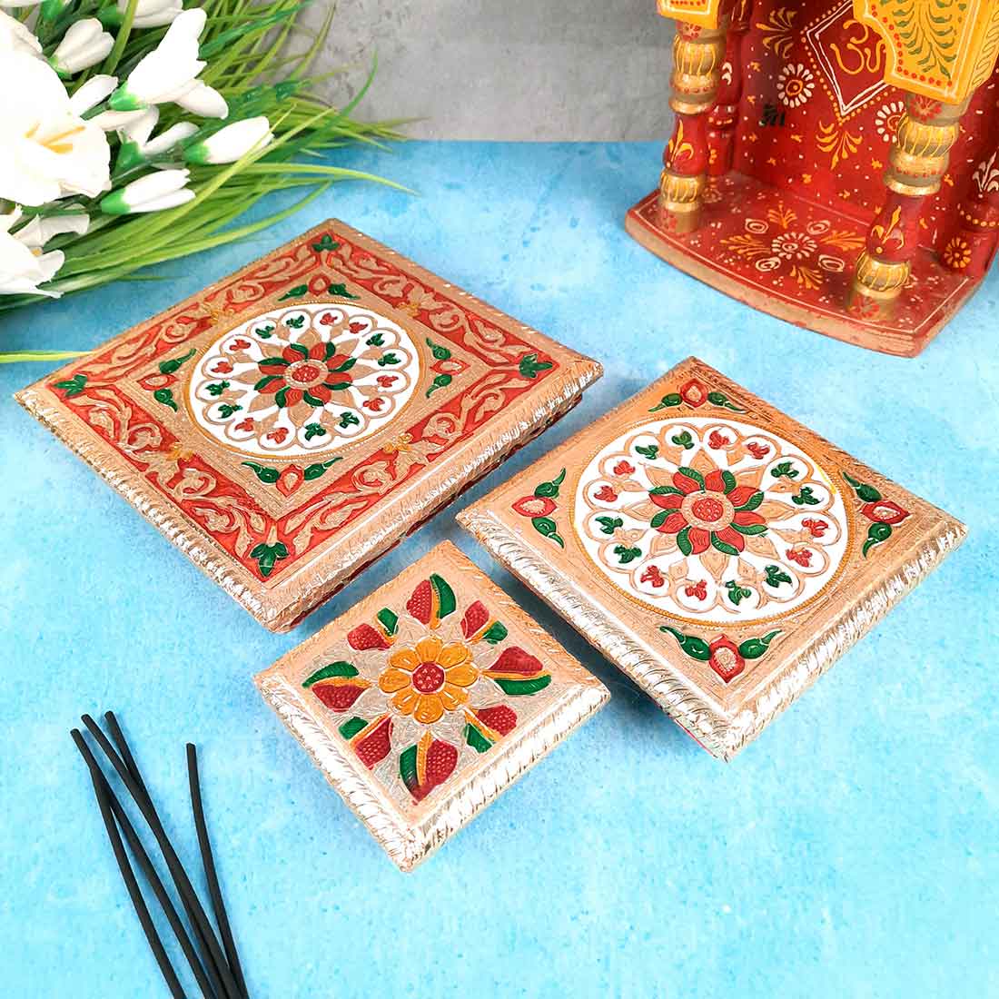 Puja Chowki - 4,6,8 Inch - Set of 3 For Pooja, Wedding & Festive Decor - ApkaMart #Style_Design 2