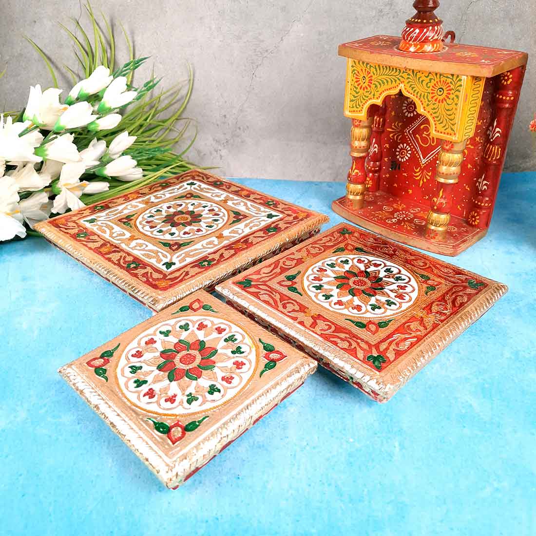 Pooja Chowki Bajot | Wooden Chowki Set - For Pooja, Festivals, Temple & Home Décor - 6, 8, 10 Inch - Apkamart