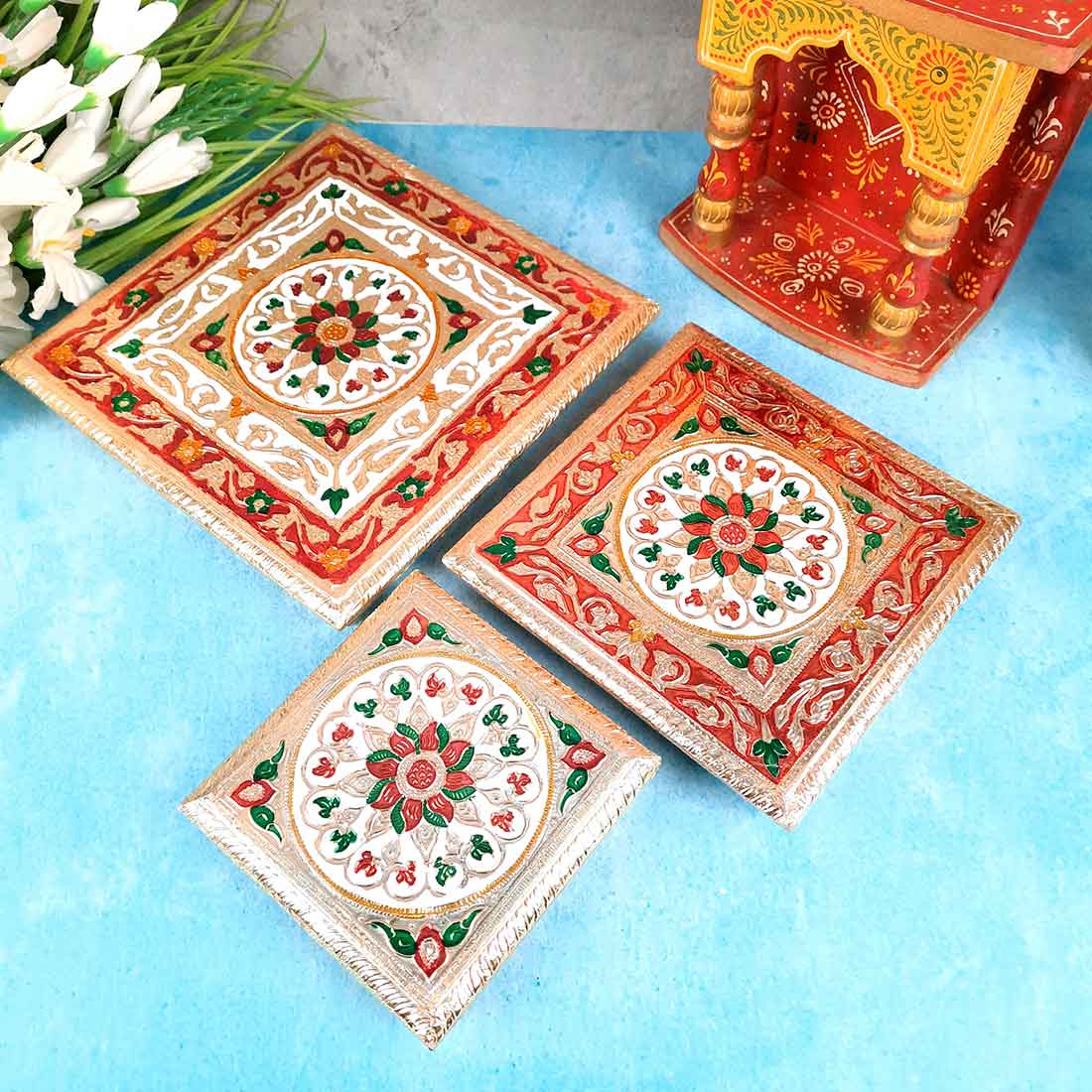 Pooja Chowki Bajot | Wooden Chowki Set - For Pooja, Festivals, Temple & Home Décor - 6, 8, 10 Inch - Apkamart