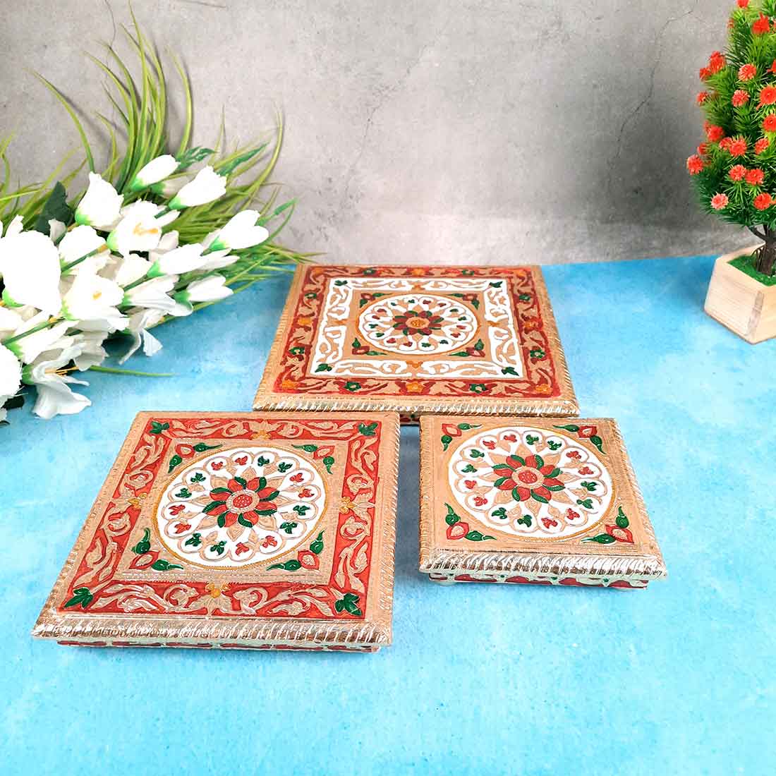 Pooja Chowki Bajot | Wooden Chowki Set - For Pooja, Festivals, Temple & Home Décor - 6, 8, 10 Inch - Apkamart