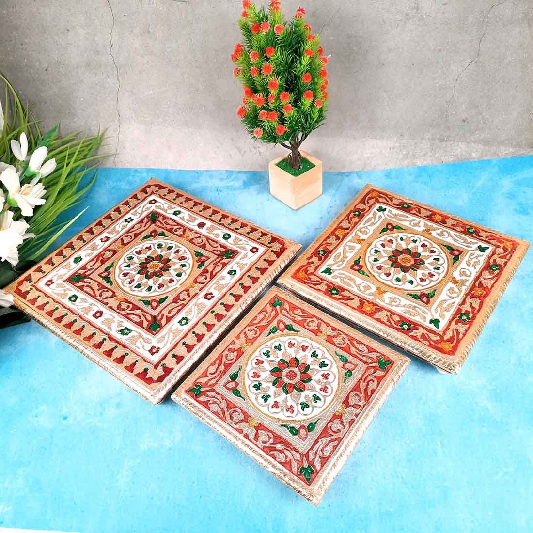 Minakari Chowki Bajot - Set of 3 - Set of 8, 10, 12 Inch Bajot - ApkaMart #Style_Design 2