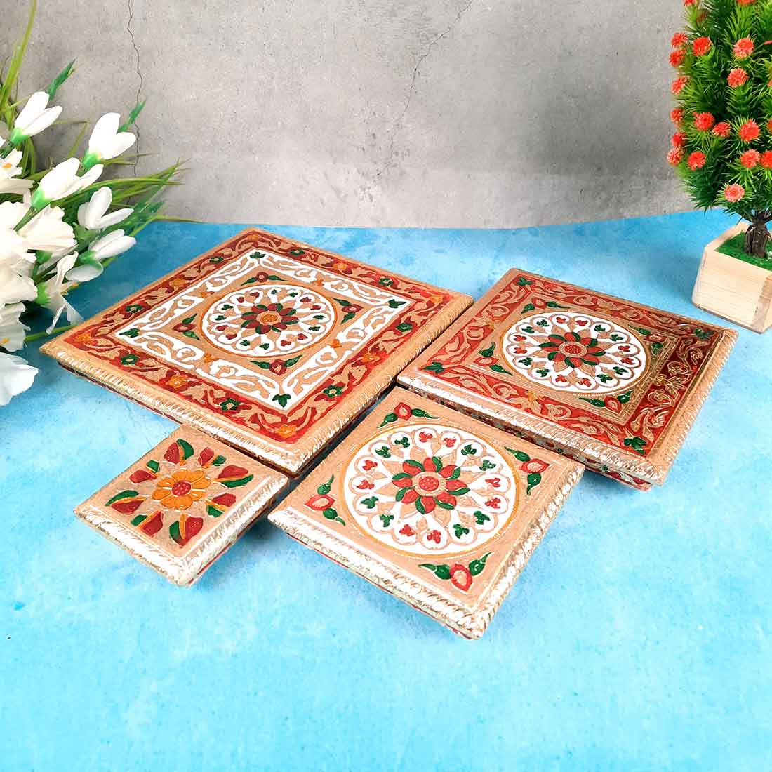 Puja Chowki - Set of 4 - Set of 4, 6, 8, 10 Inch Bajot - ApkaMart #Style_Design 2