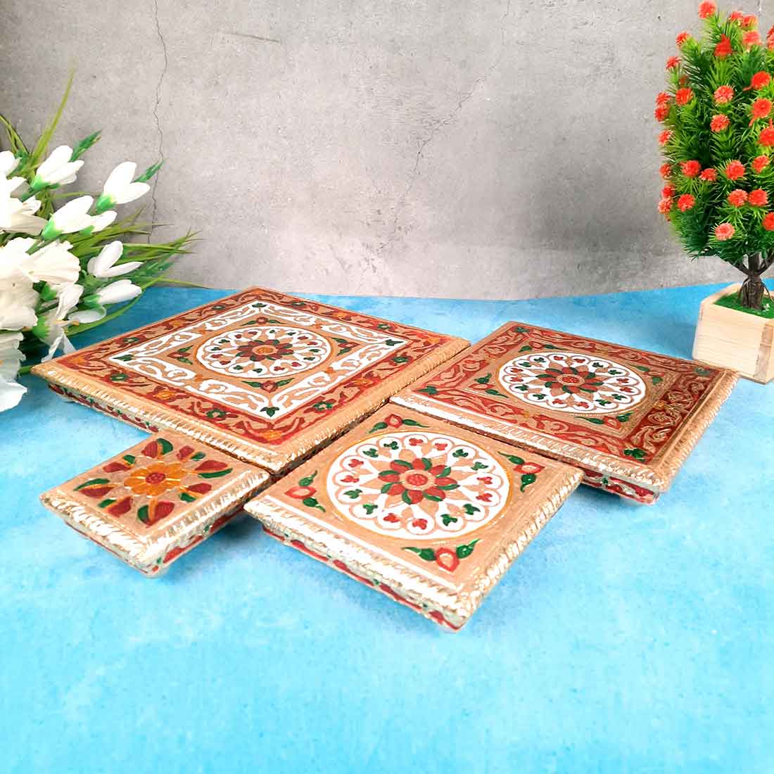 Puja Chowki - Set of 4 - Set of 4, 6, 8, 10 Inch Bajot - ApkaMart #Style_Design 2