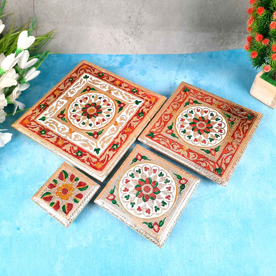 Puja Chowki - Set of 4 - Set of 4, 6, 8, 10 Inch Bajot - ApkaMart #Style_Design 2