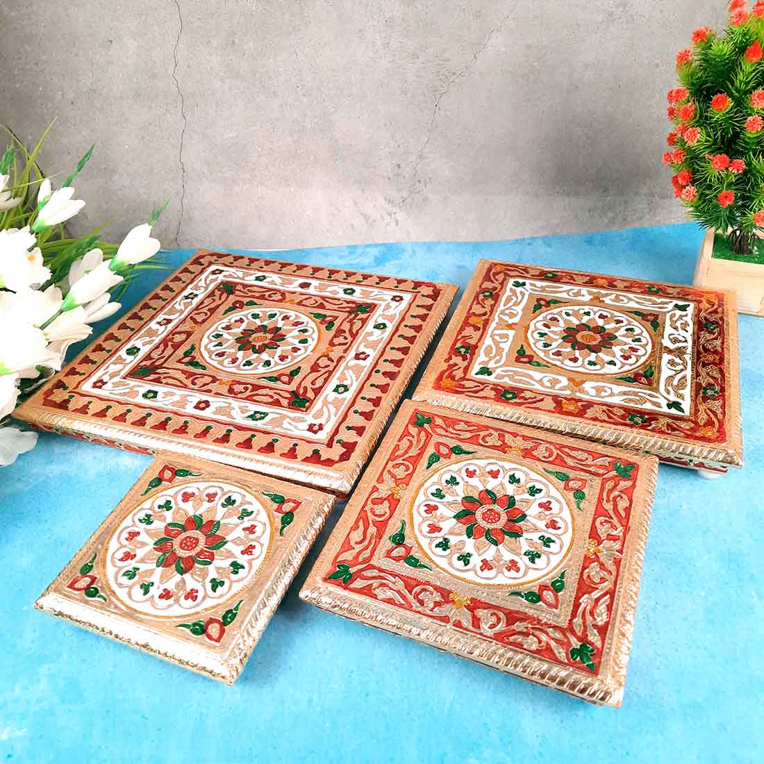 Puja Chowki Bajot - Set of 4 - Set of 6, 8, 10, 12 Inch Bajot - ApkaMart #Style_Design 2