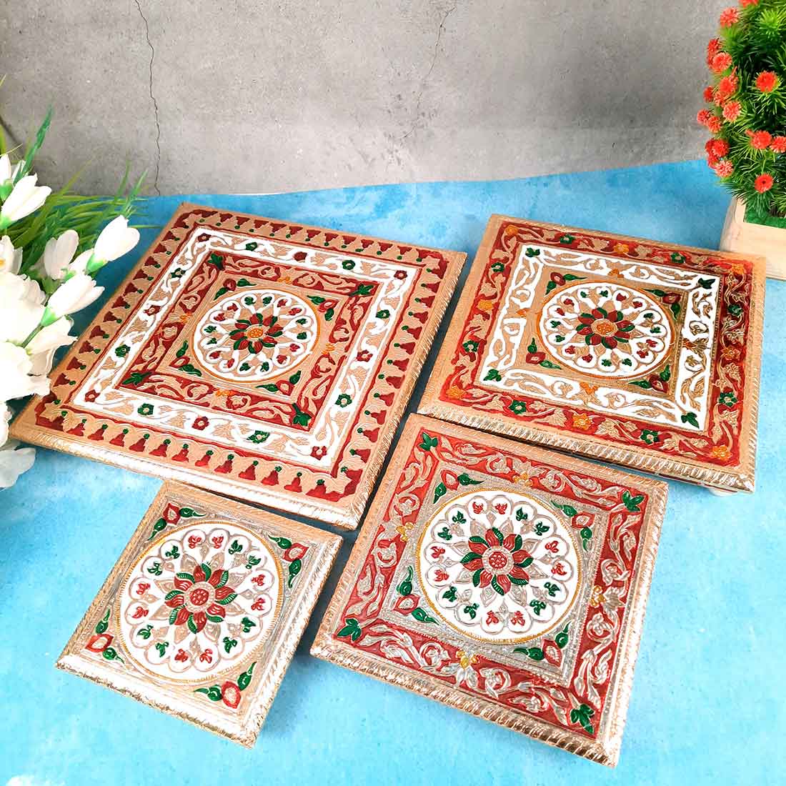 Puja Chowki Bajot - Set of 4 - Set of 6, 8, 10, 12 Inch Bajot - ApkaMart #Style_Design 2