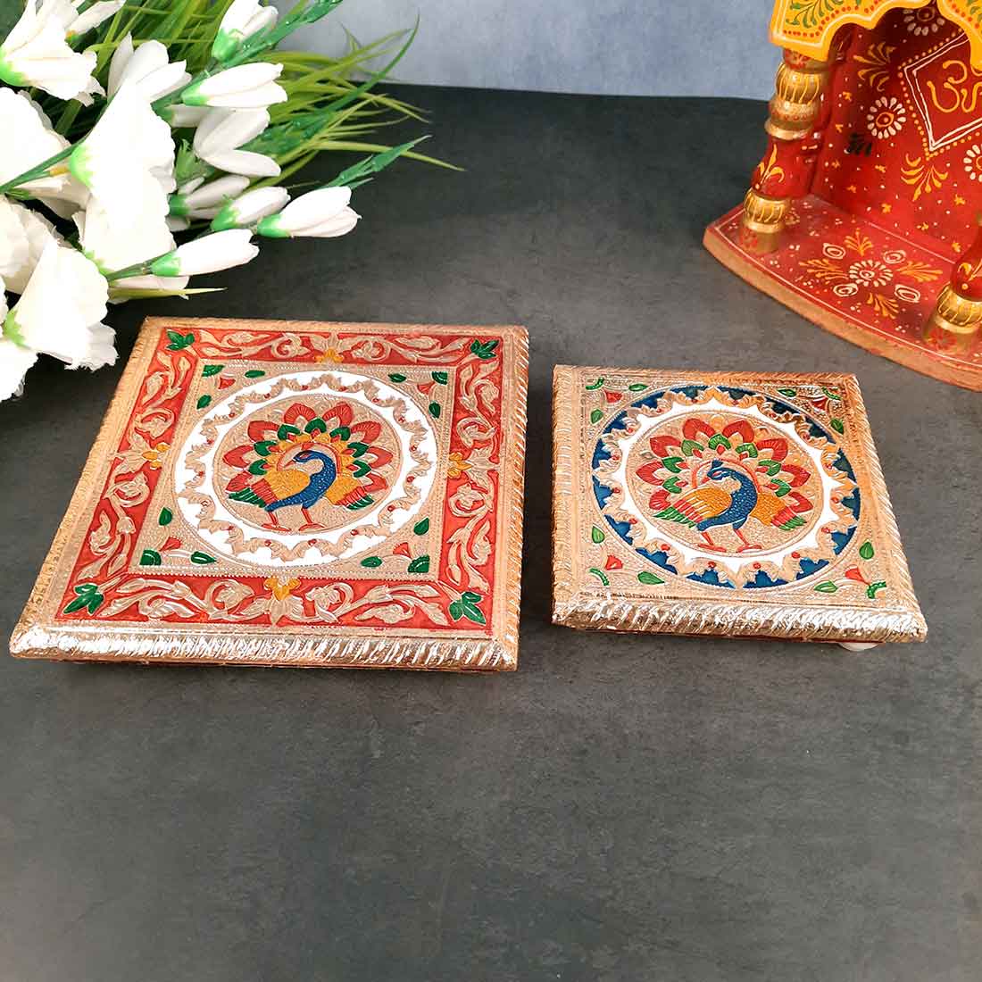 Pooja Chowki Bajot | Wooden Chowki Set - For Pooja, Festivals, Temple & Home Décor - 6, 8 Inch