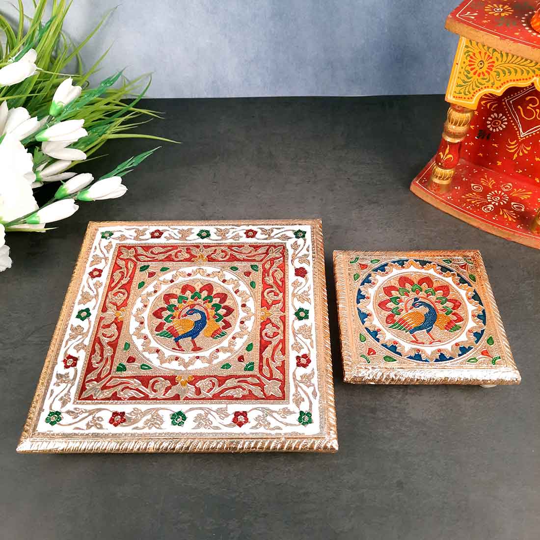 Pooja Chowki Bajot | Wooden Chowki Set - For Pooja, Festivals, Temple & Home Décor - 6, 10 Inch - Apkamart