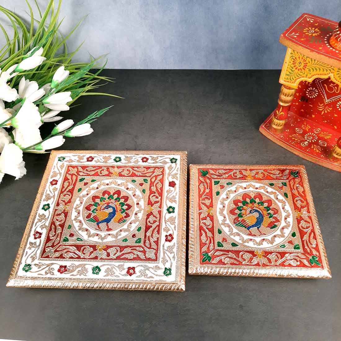 Puja Choki | Minakari Chowki Set | Decorative Bajot - For Pooja & Festivals - Set of 2 (8 Inch , 10 Inch) - ApkaMart #Style_Design 2