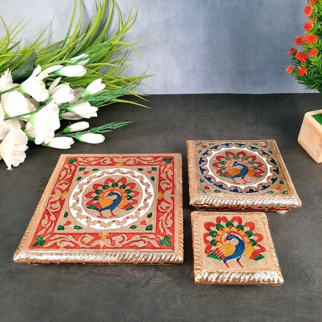 Pooja Chowki Bajot - Peacock Design - For For Pooja, Weddings & Festivals - Set of 3 - ApkaMart #Style_Design 2
